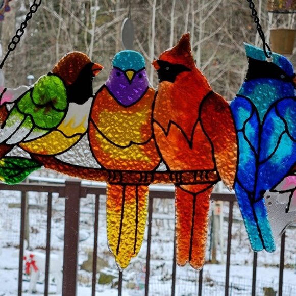 NEW Stained Glass Window Hanging - Hummingbird on Branch Suncatcher Hand-Painted - Picture 2 of 9